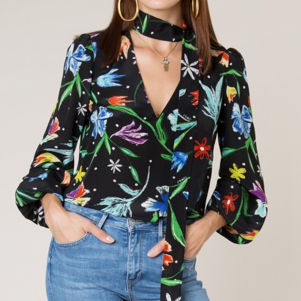 100% Silk RIXO Black Floral V Neck Tie Blouse